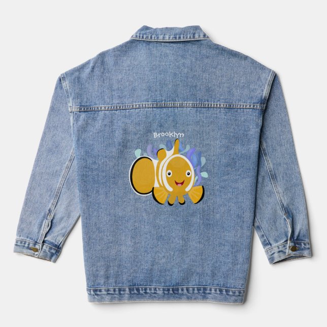 Cute happy clownfish anenome cartoon denim jacket (Back)