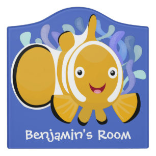 Cute happy clownfish anenome cartoon door sign