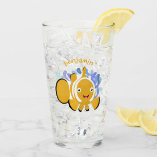 Cute happy clownfish anenome cartoon glass
