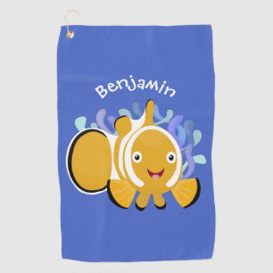 Cute happy clownfish anenome cartoon golf towel