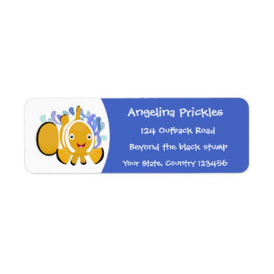 Cute happy clownfish anenome cartoon label