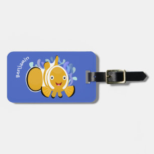 Cute happy clownfish anenome cartoon luggage tag