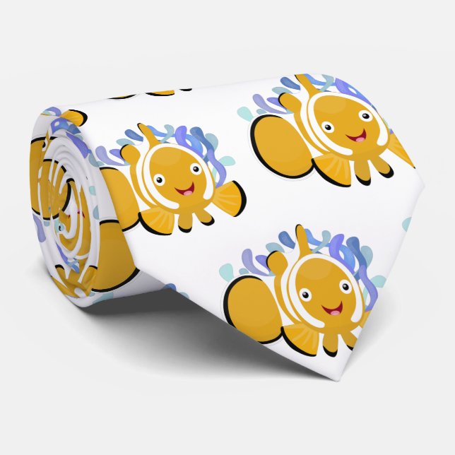 Cute happy clownfish anenome cartoon neck tie (Rolled)