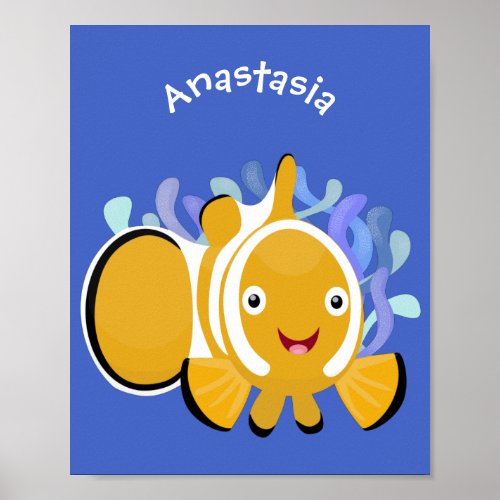 Cute happy clownfish anenome cartoon poster