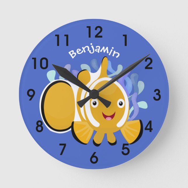 Cute happy clownfish anenome cartoon round clock (Front)