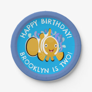 Cute happy clownfish personalized birthday cartoon paper plates