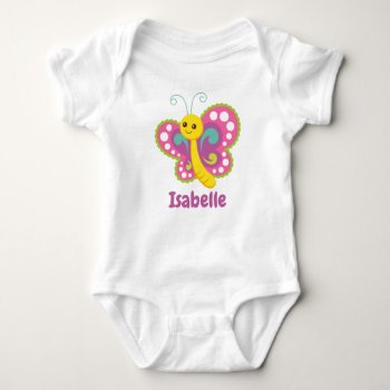 Cute Happy Colorful Pink Butterfly Personalised Baby Bodysuit by MissMatching at Zazzle