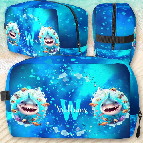 Cute Happy Cool Shark Boy Ocean Blue Name Dopp Kit