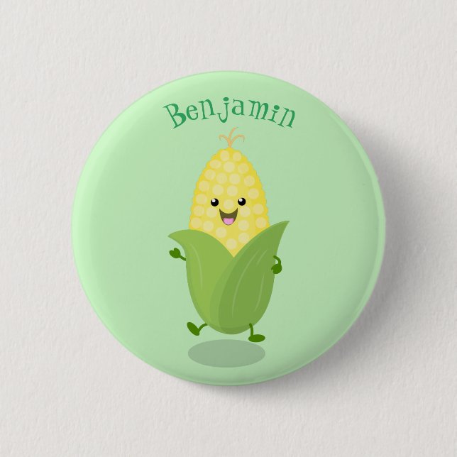Cute happy corn cartoon illustration button (Front)