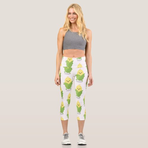 Cute happy corn cartoon illustration capri leggings