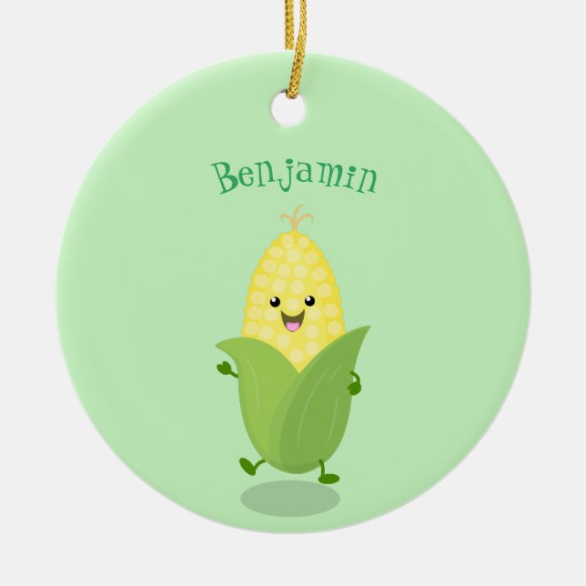 Cute happy corn cartoon illustration ceramic ornament (Front)