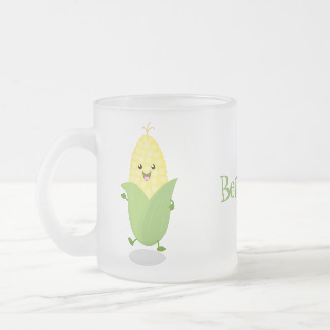 Cute happy corn cartoon illustration frosted glass coffee mug (Left)
