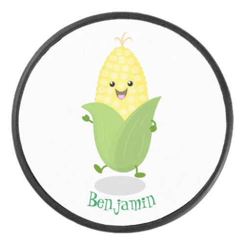 Cute happy corn cartoon illustration hockey puck