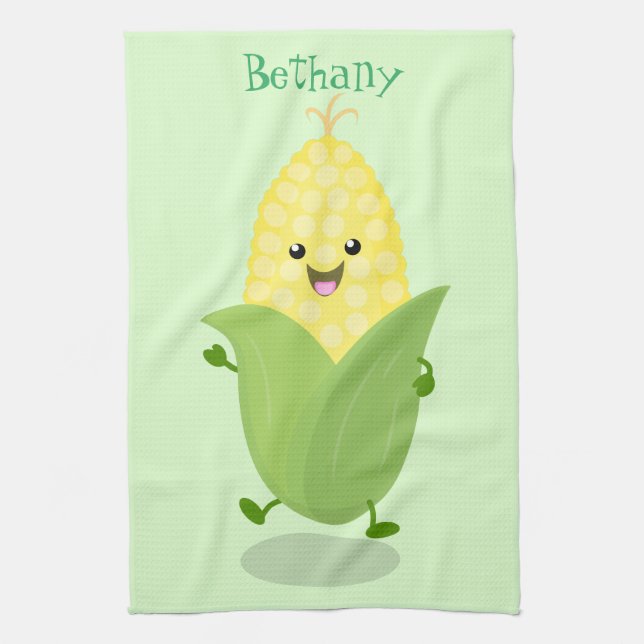 Cute happy corn cartoon illustration kitchen towel (Vertical)