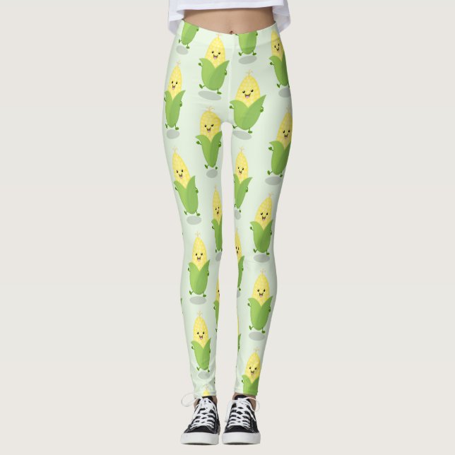 Cute happy corn cartoon illustration leggings (Front)