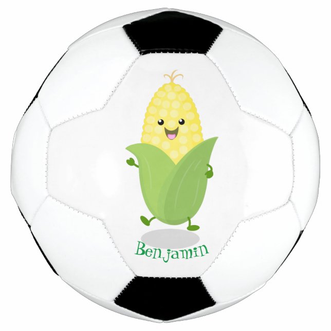 Cute happy corn cartoon illustration soccer ball (Front)