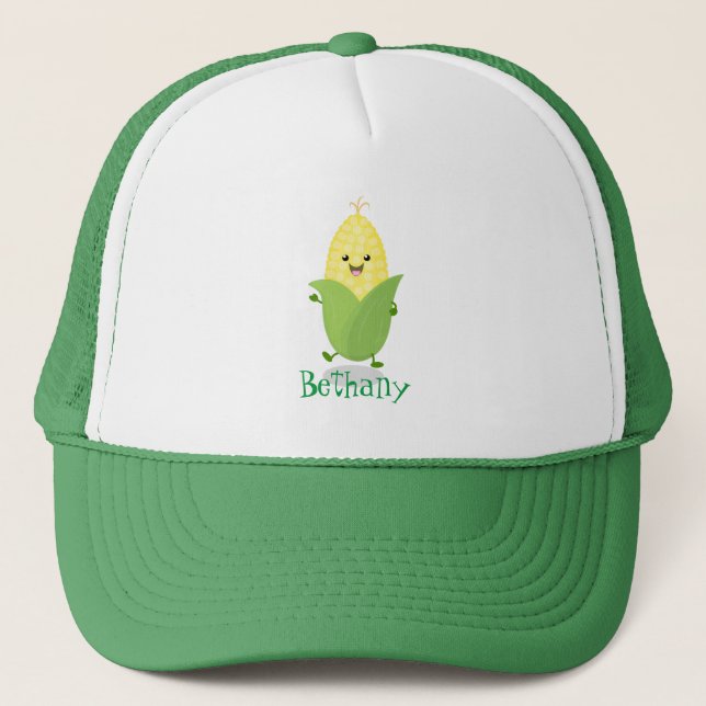 Cute happy corn cartoon illustration trucker hat (Front)