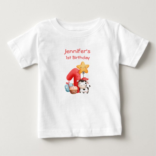 Cute Happy Cow 1st Birthday Baby T-Shirt (Front)
