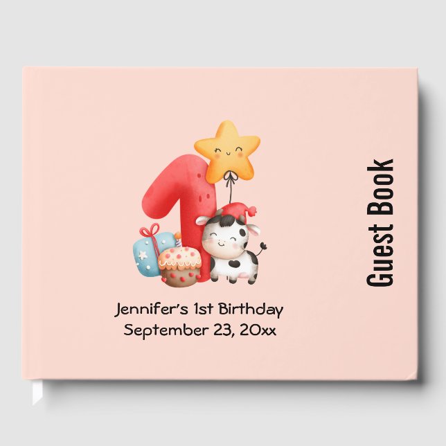 Cute Happy Cow 1st Birthday Guest Book (Front)