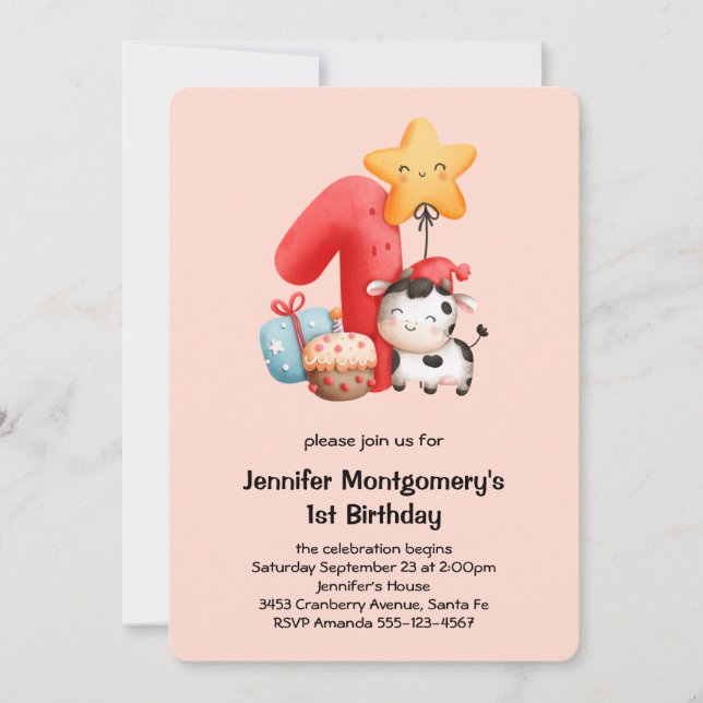 Cute Happy Cow 1st Birthday Invitation (Front)