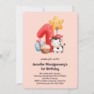 Cute Happy Cow 1st Birthday Invitation