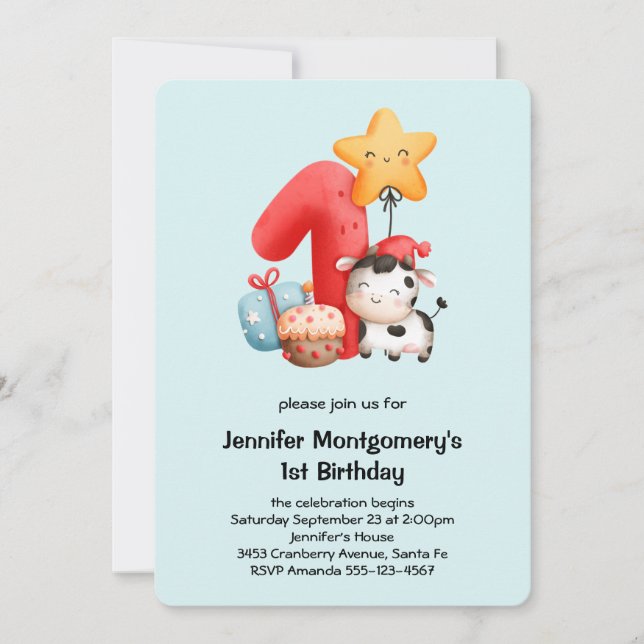 Cute Happy Cow 1st Birthday Invitation (Front)