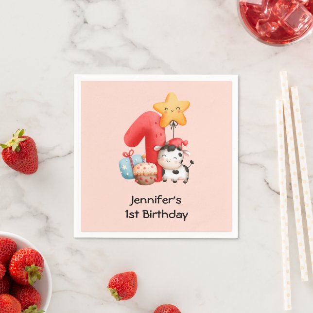 Cute Happy Cow 1st Birthday Napkins (Insitu)