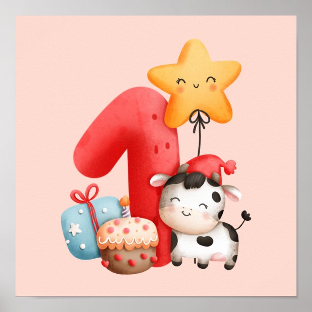 Cute Happy Cow 1st Birthday Poster (Front)