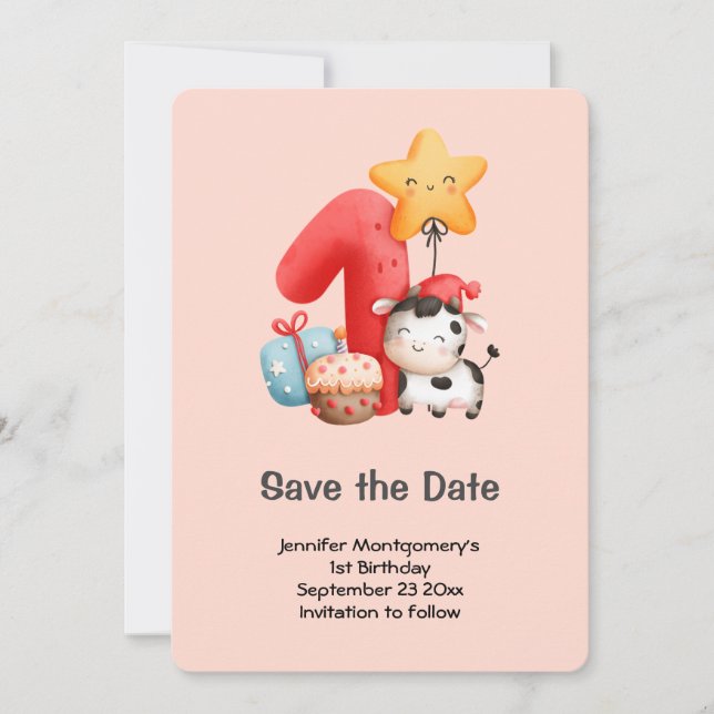 Cute Happy Cow 1st Birthday Save The Date (Front)