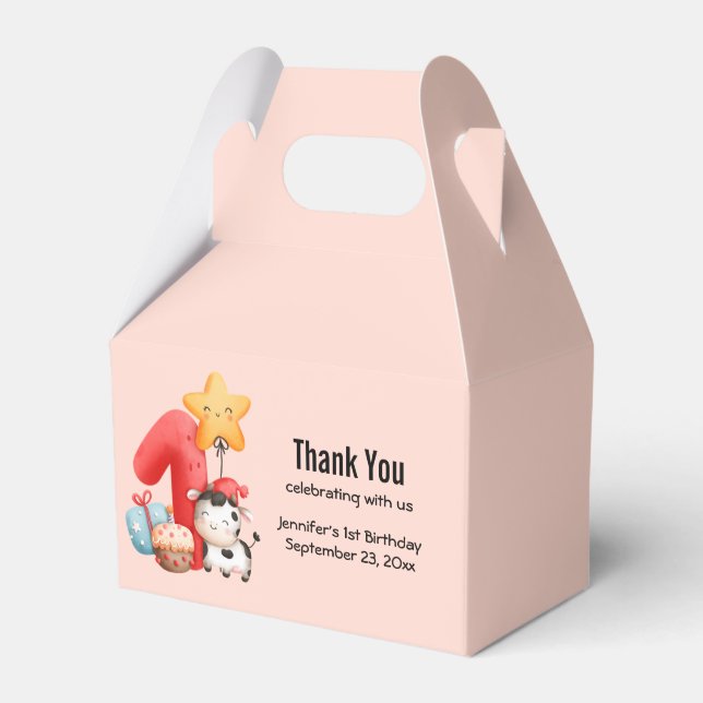 Cute Happy Cow 1st Birthday Thank You Favor Boxes (Front Side)