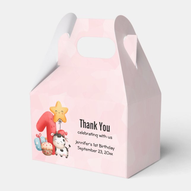 Cute Happy Cow 1st Birthday Thank You Favor Boxes (Front Side)