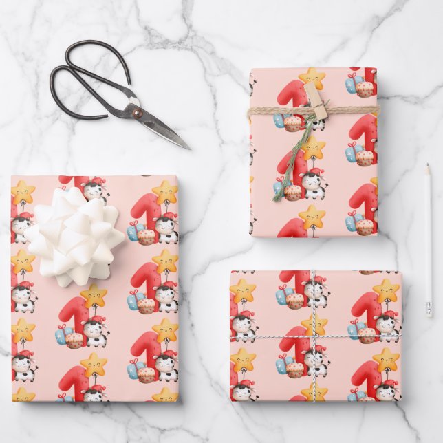 Cute Happy Cow 1st Birthday Wrapping Paper Sheets (Front)