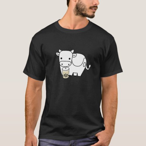 Cute Happy Cow Drinking Boba Bubble Milk Tea T_Shirt