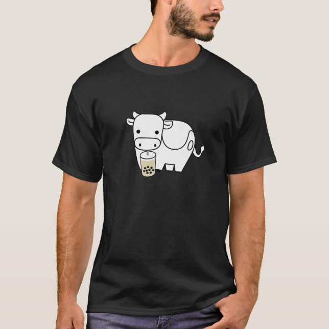 Cute Happy Cow Drinking Boba Bubble Milk Tea T-Shirt (Front)