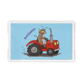 Cute happy cow driving a red tractor cartoon acrylic tray