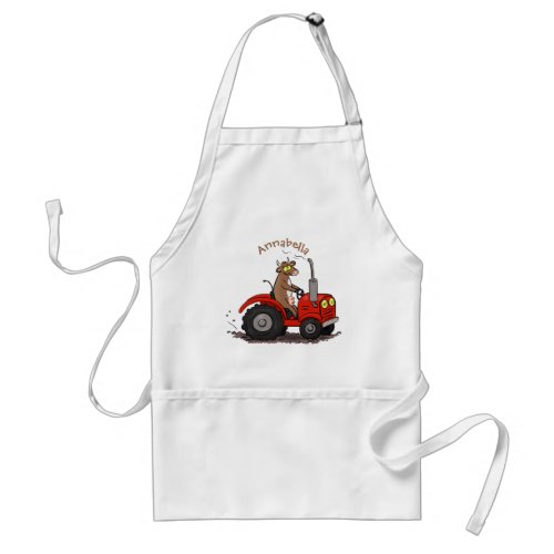 Cute happy cow driving a red tractor cartoon adult apron