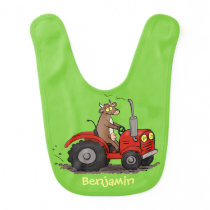 Cute happy cow driving a red tractor cartoon baby bib