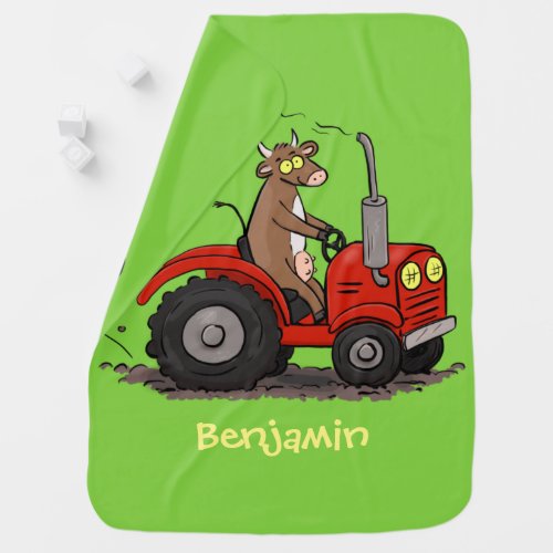 Cute happy cow driving a red tractor cartoon baby blanket