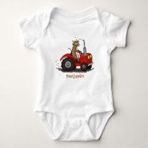 Cute happy cow driving a red tractor cartoon baby bodysuit