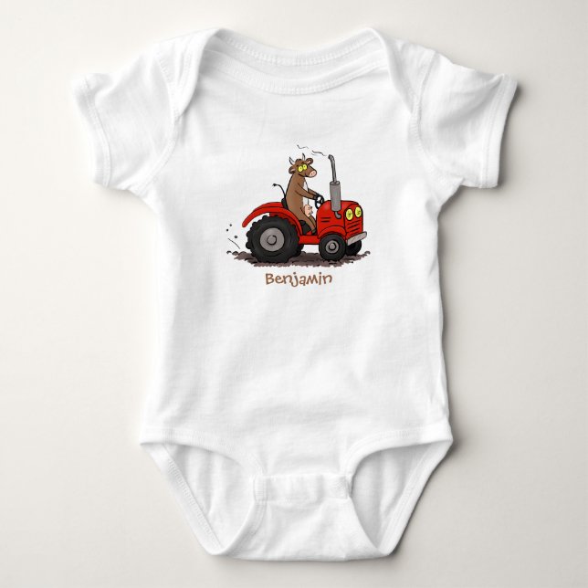 Cute happy cow driving a red tractor cartoon baby bodysuit (Front)