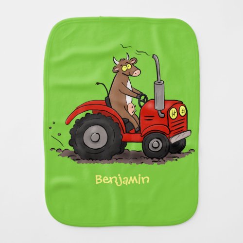 Cute happy cow driving a red tractor cartoon baby burp cloth