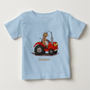 Cute happy cow driving a red tractor cartoon baby T-Shirt