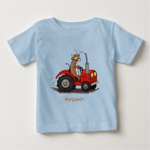 Cute happy cow driving a red tractor cartoon baby T_Shirt