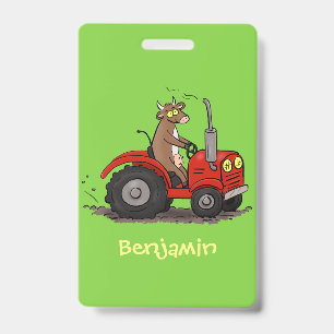 Cute happy cow driving a red tractor cartoon badge