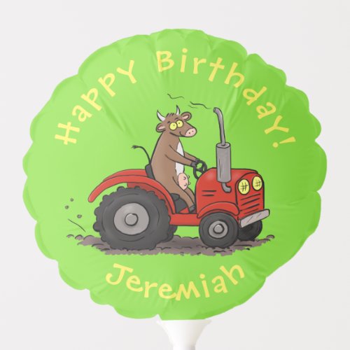 Cute happy cow driving a red tractor cartoon balloon