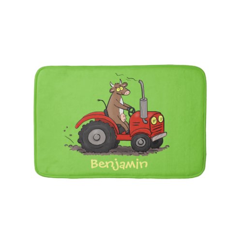 Cute happy cow driving a red tractor cartoon bath mat