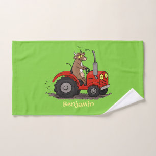 Cute happy cow driving a red tractor cartoon bath towel set