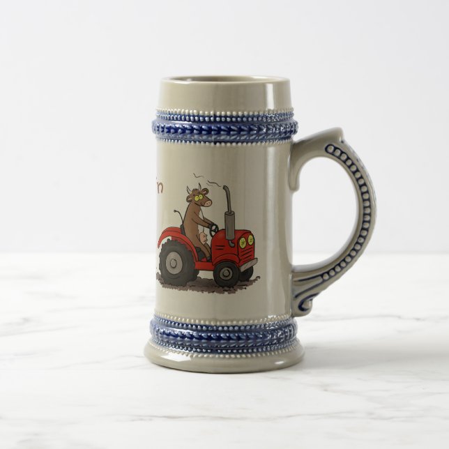 Cute happy cow driving a red tractor cartoon beer stein (Right)
