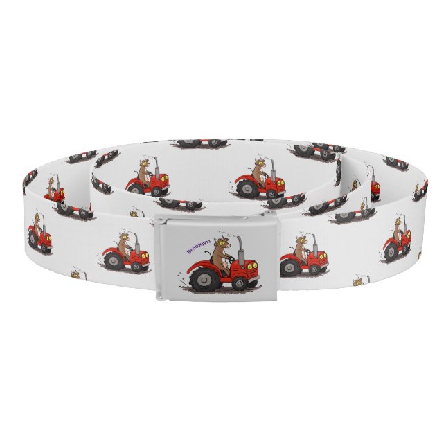 Cute happy cow driving a red tractor cartoon belt (Coil)