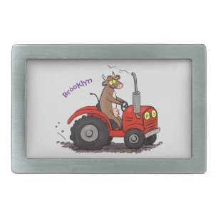 Cute happy cow driving a red tractor cartoon belt buckle